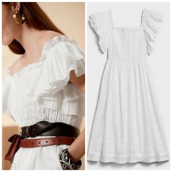 Banana Republic White Smocked Chest Fit & Flare Dress with Ruffle Sleeves - Picture 4 of 12